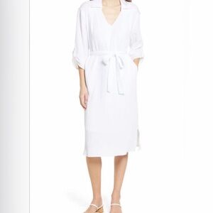 Fraiche by j Textured White Belted Midi Dress Rolled Sleeves V Neck Collar Sz L